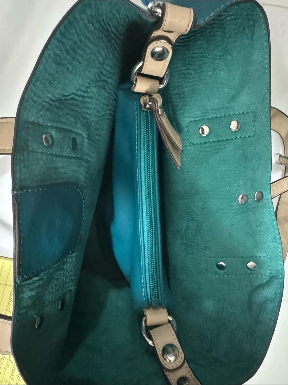 Teal Faux Leather bag within a bag and Beige short and long Straps